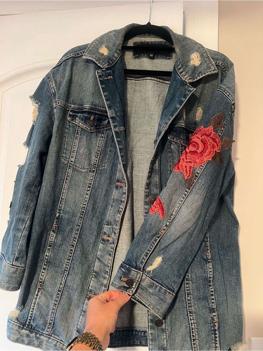 Express Denim Jacket with Red Floral Embroidery - Women